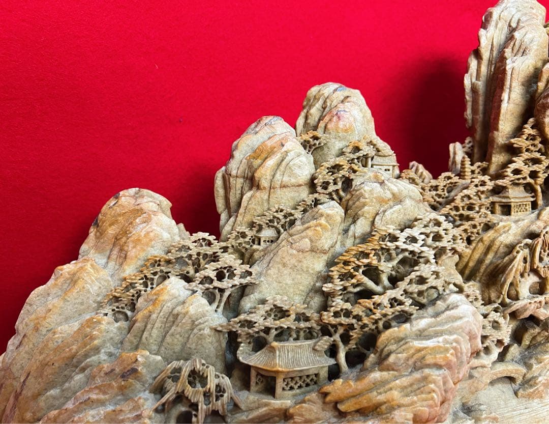 超美品 中国美術古玩 寿山石彫 鑑賞石 細密彫刻 楼閣山水 彫刻置物オブジェ