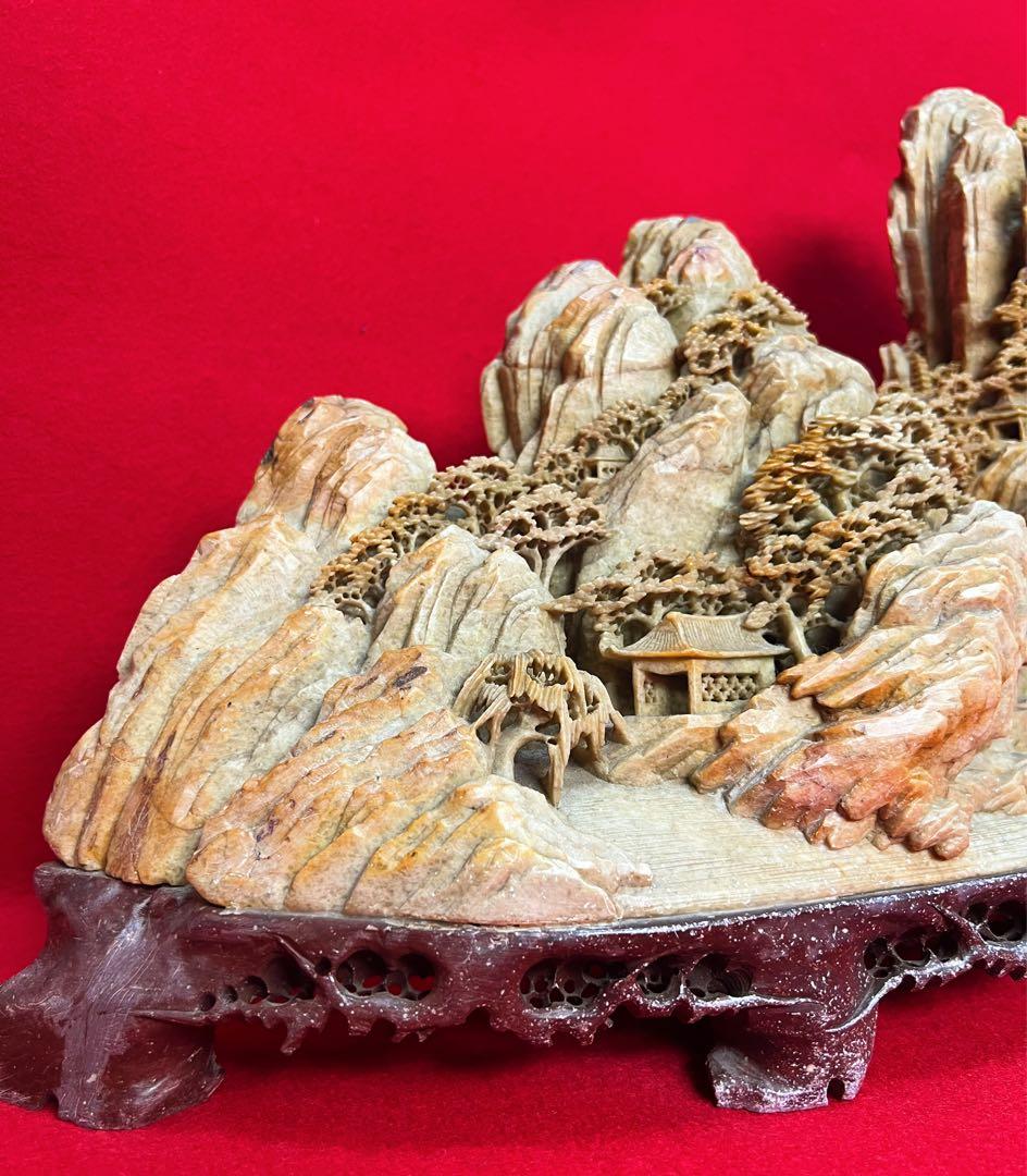 超美品 中国美術古玩 寿山石彫 鑑賞石 細密彫刻 楼閣山水 彫刻置物オブジェ