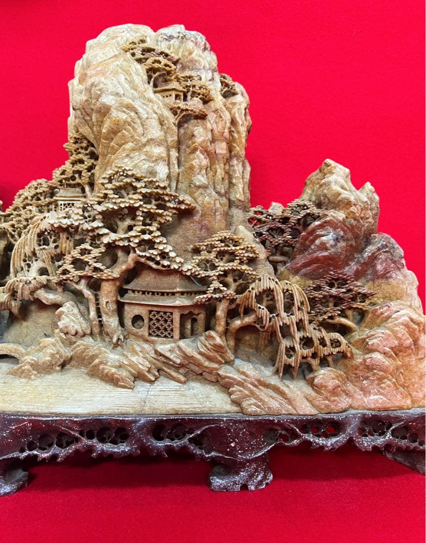 超美品 中国美術古玩 寿山石彫 鑑賞石 細密彫刻 楼閣山水 彫刻置物オブジェ
