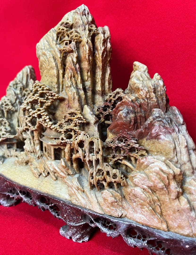 超美品 中国美術古玩 寿山石彫 鑑賞石 細密彫刻 楼閣山水 彫刻置物オブジェ