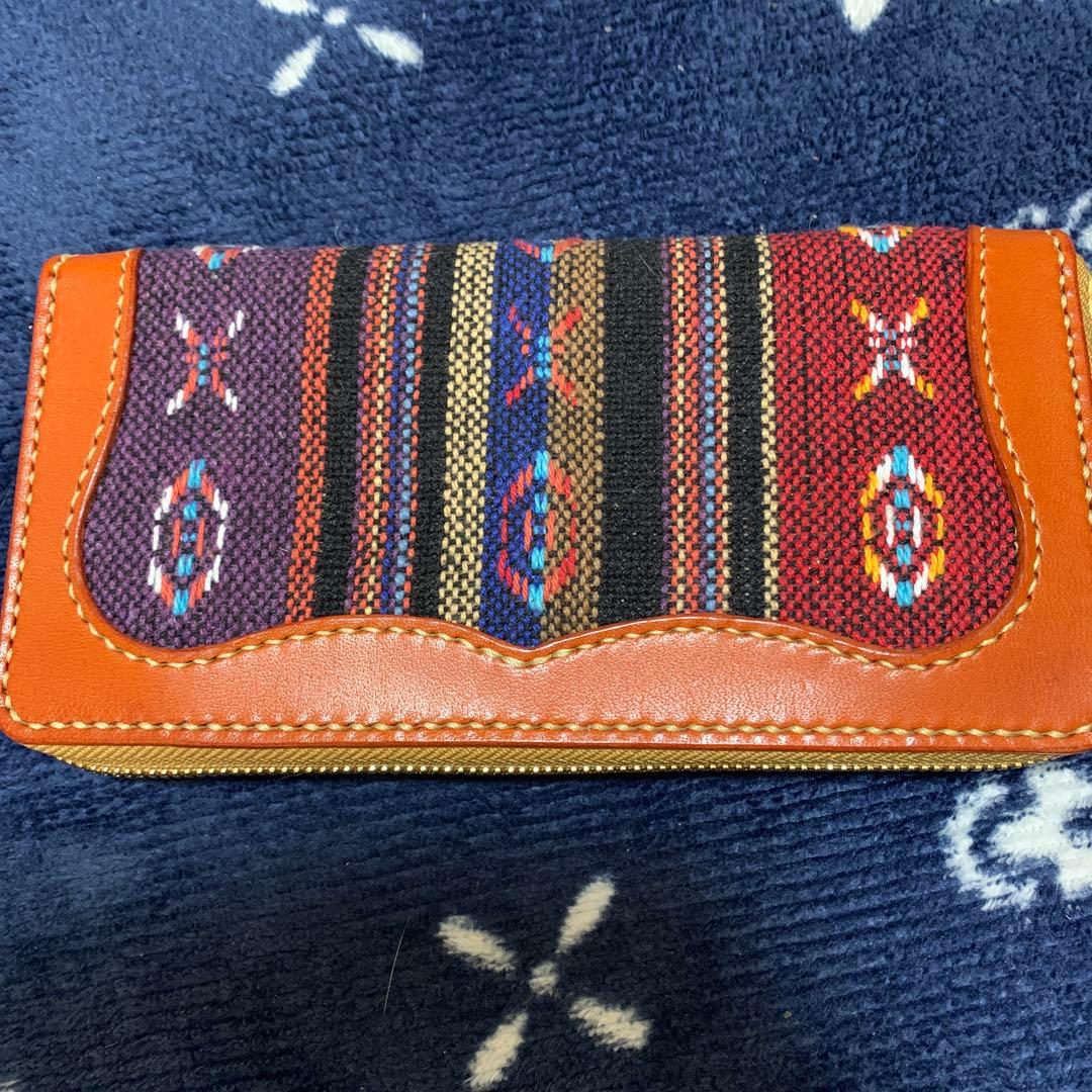 ラグ生地ハンドメイド多色ストライプ模様 本革手縫い長財布