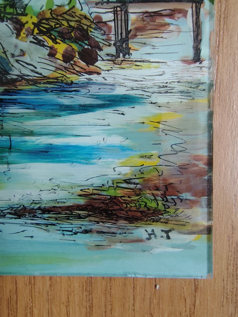 ガラス絵 油彩画 川と山の風景 サインあり