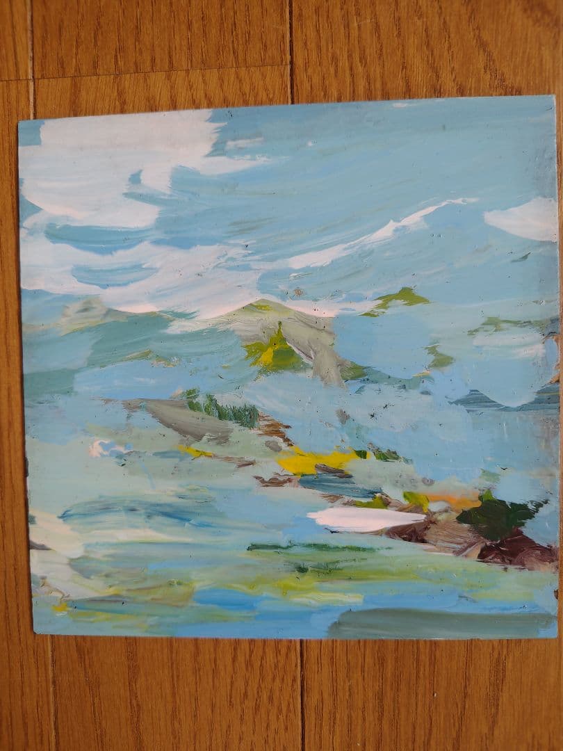 ガラス絵 油彩画 川と山の風景 サインあり