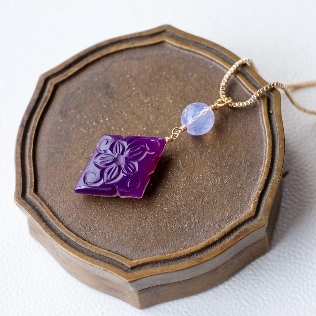 14kgfパープルオニキス×MOP×水晶カービングペンダントトップ