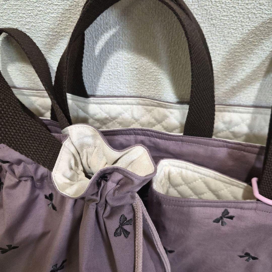 リボン柄刺繍チャコールグレー　レッスンバッグ&上履き入れ&お着替え袋ハンドメイド