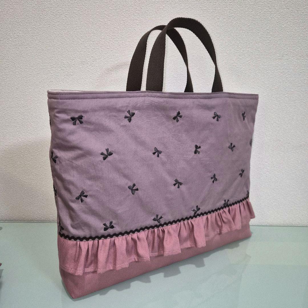 リボン柄刺繍チャコールグレー　レッスンバッグ&上履き入れ&お着替え袋ハンドメイド