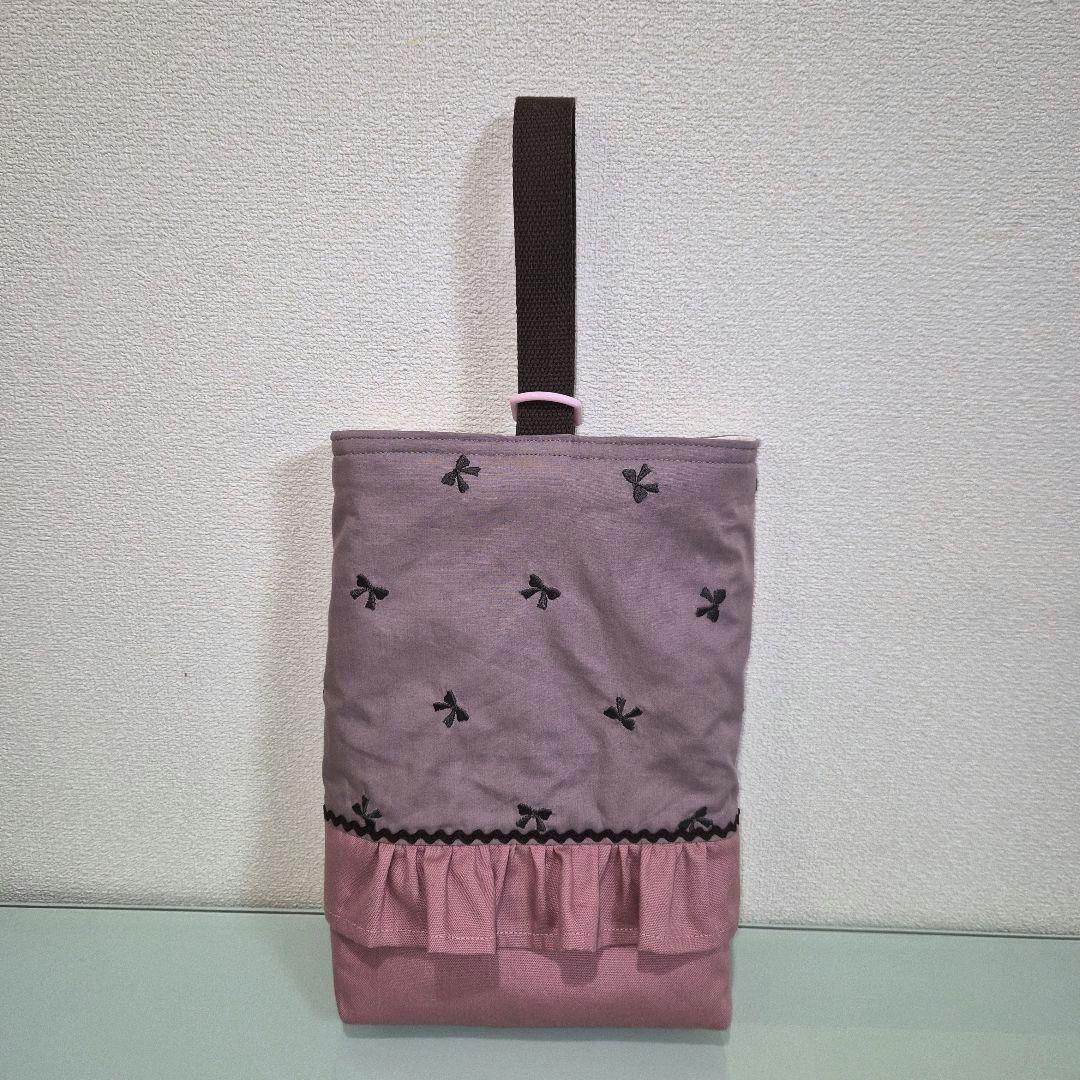 リボン柄刺繍チャコールグレー　レッスンバッグ&上履き入れ&お着替え袋ハンドメイド