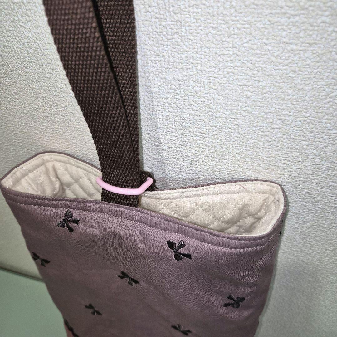 リボン柄刺繍チャコールグレー　レッスンバッグ&上履き入れ&お着替え袋ハンドメイド