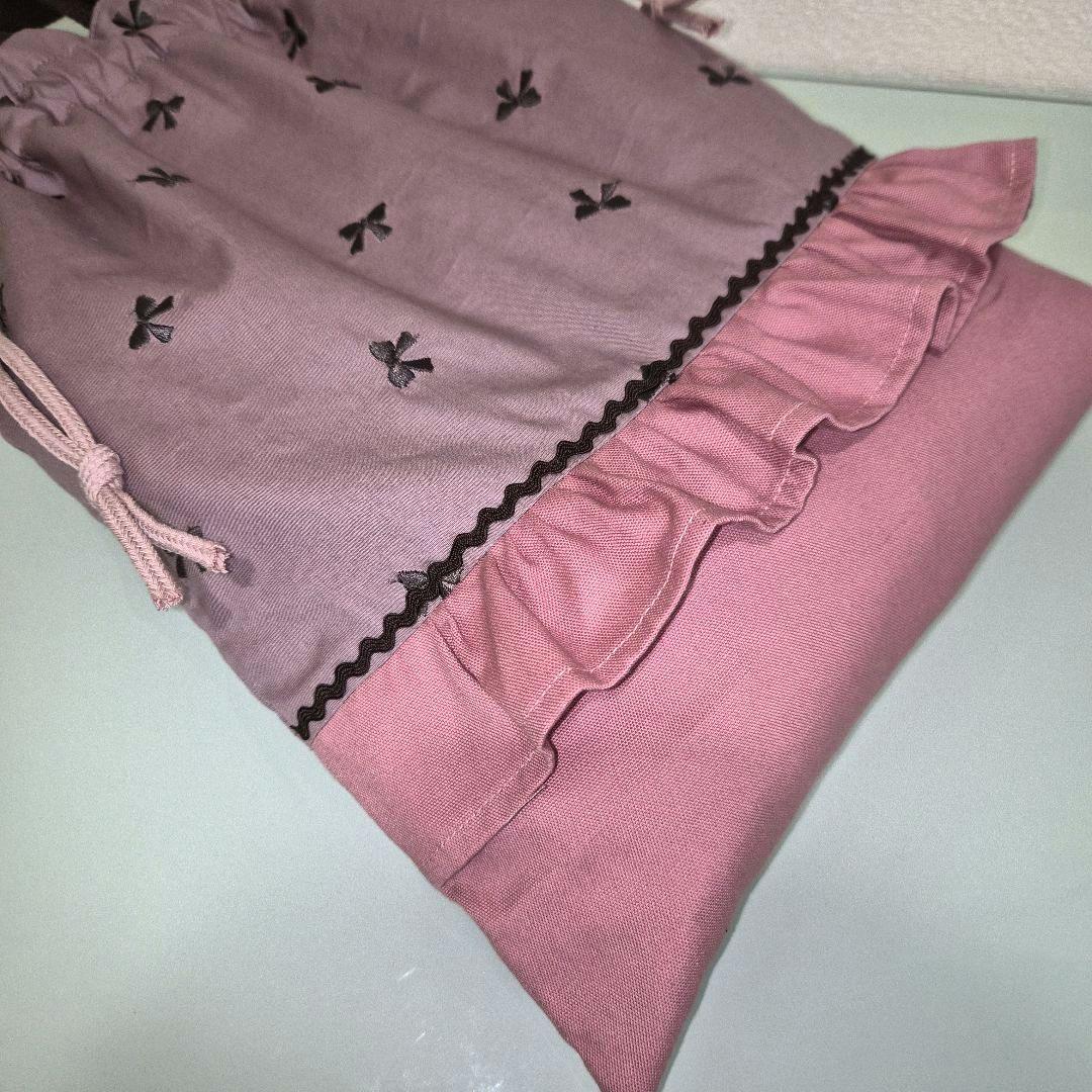 リボン柄刺繍チャコールグレー　レッスンバッグ&上履き入れ&お着替え袋ハンドメイド