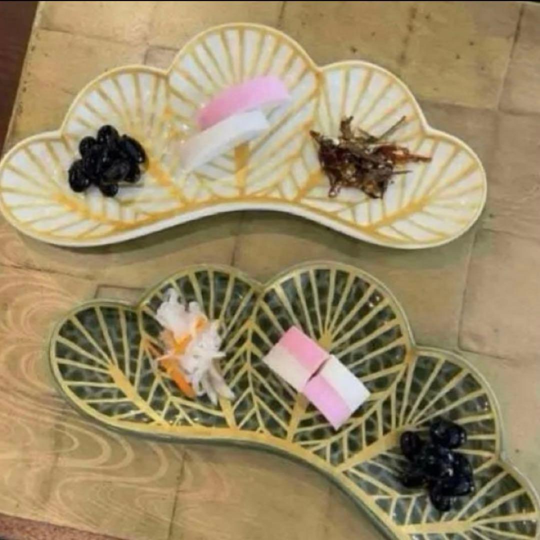 【新品】【大人気】有田焼幸楽窯　錦茶緑金松葉形前菜皿3枚セット　縁起物