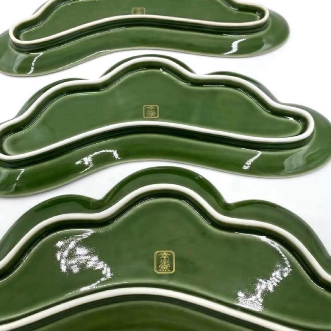 【新品】【大人気】有田焼幸楽窯　錦茶緑金松葉形前菜皿3枚セット　縁起物