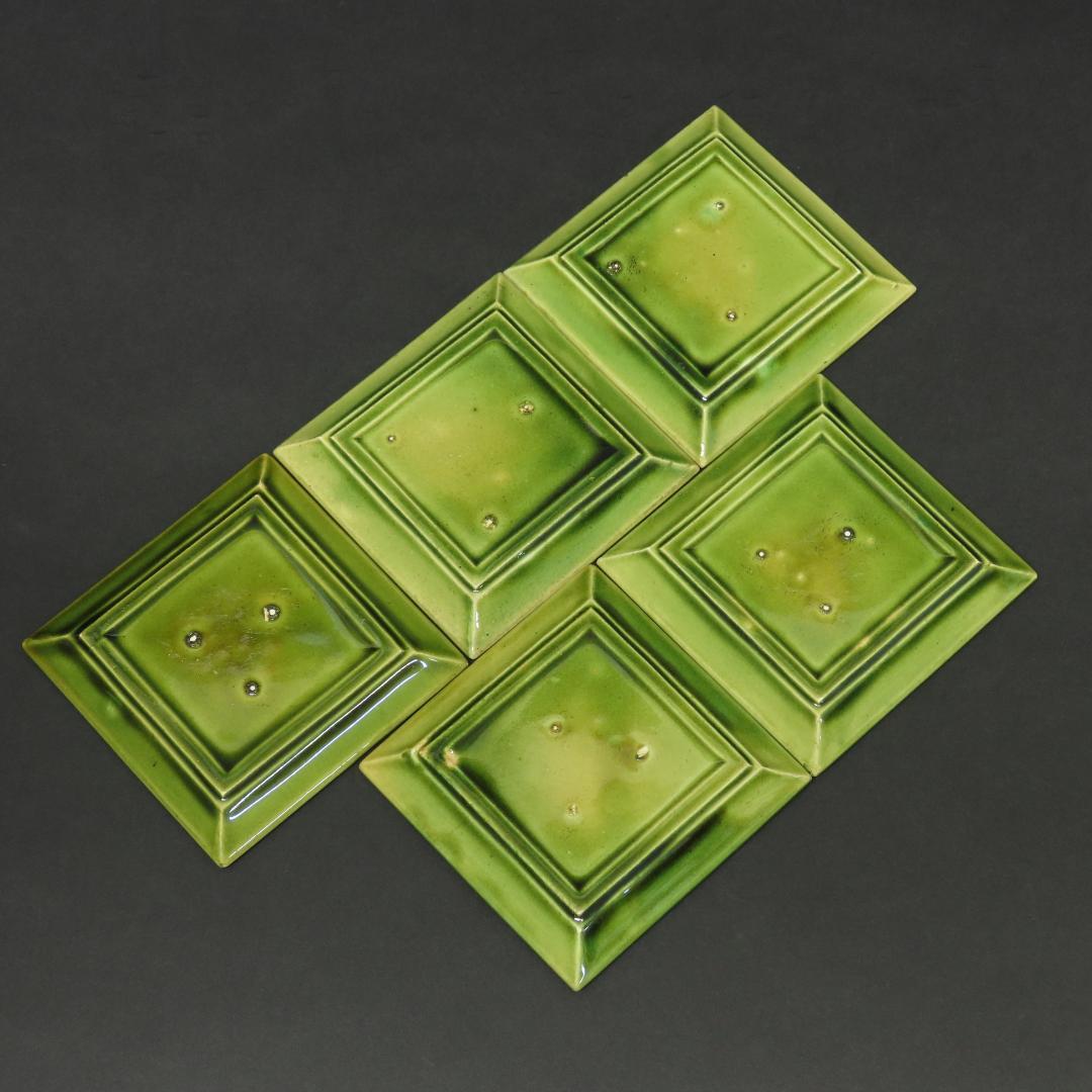 383 珉平焼 小皿豆皿５客 網代に蔦文様 幅9cm 幕末明治期/淡路焼 交趾焼