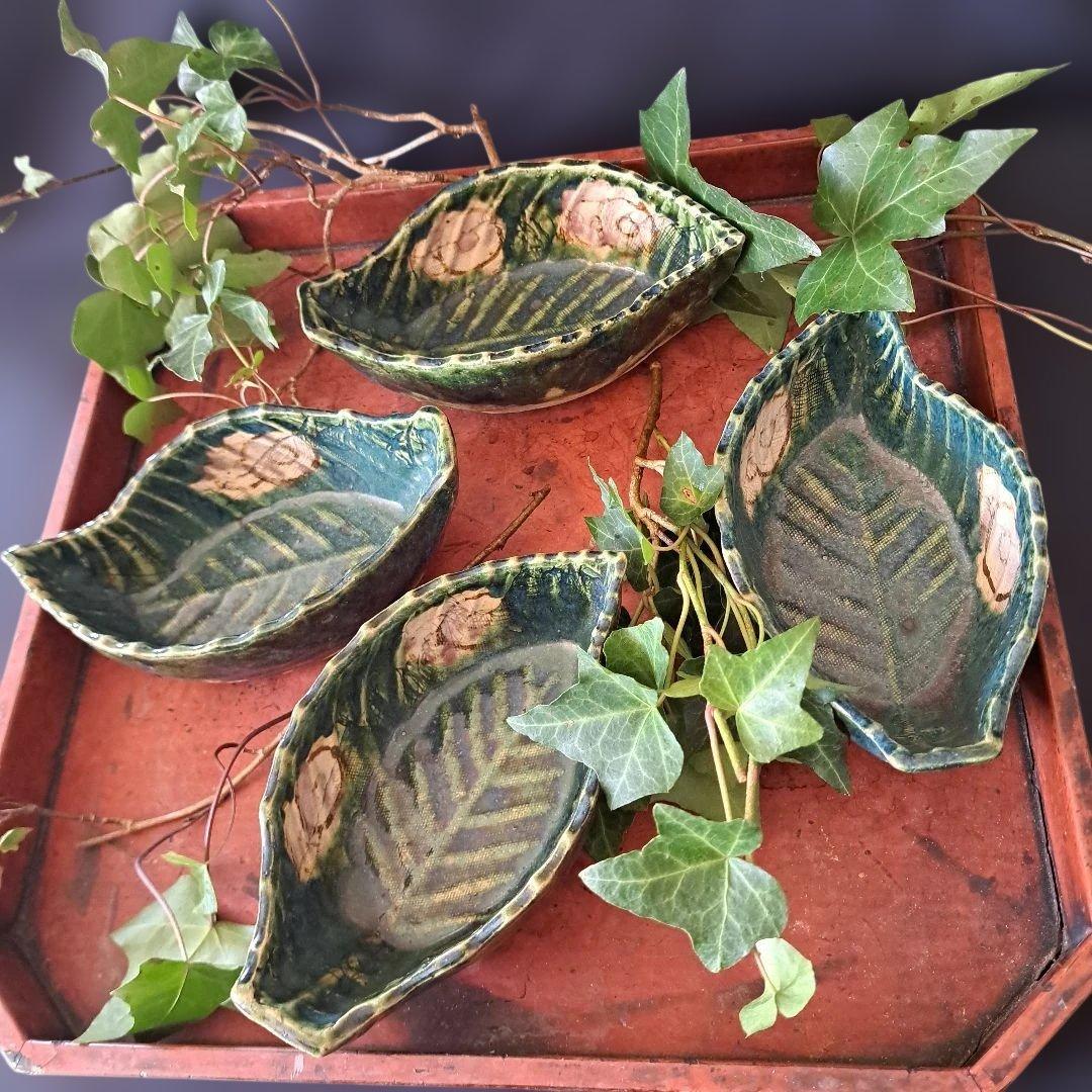 「料理が映えるグリーン」 織部(おりべ)焼き小鉢(幅16cm) 4客セット 骨董