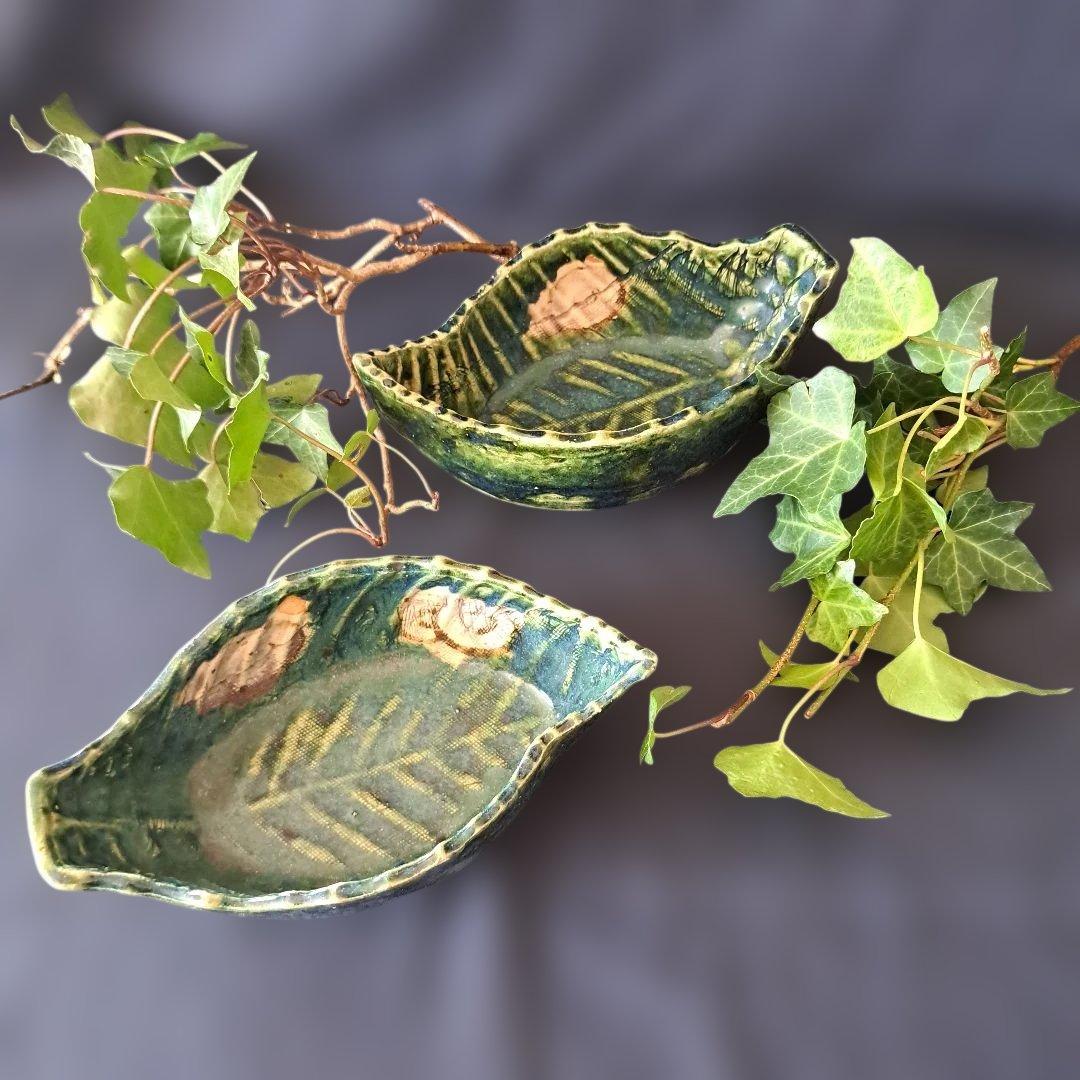 「料理が映えるグリーン」 織部(おりべ)焼き小鉢(幅16cm) 4客セット 骨董