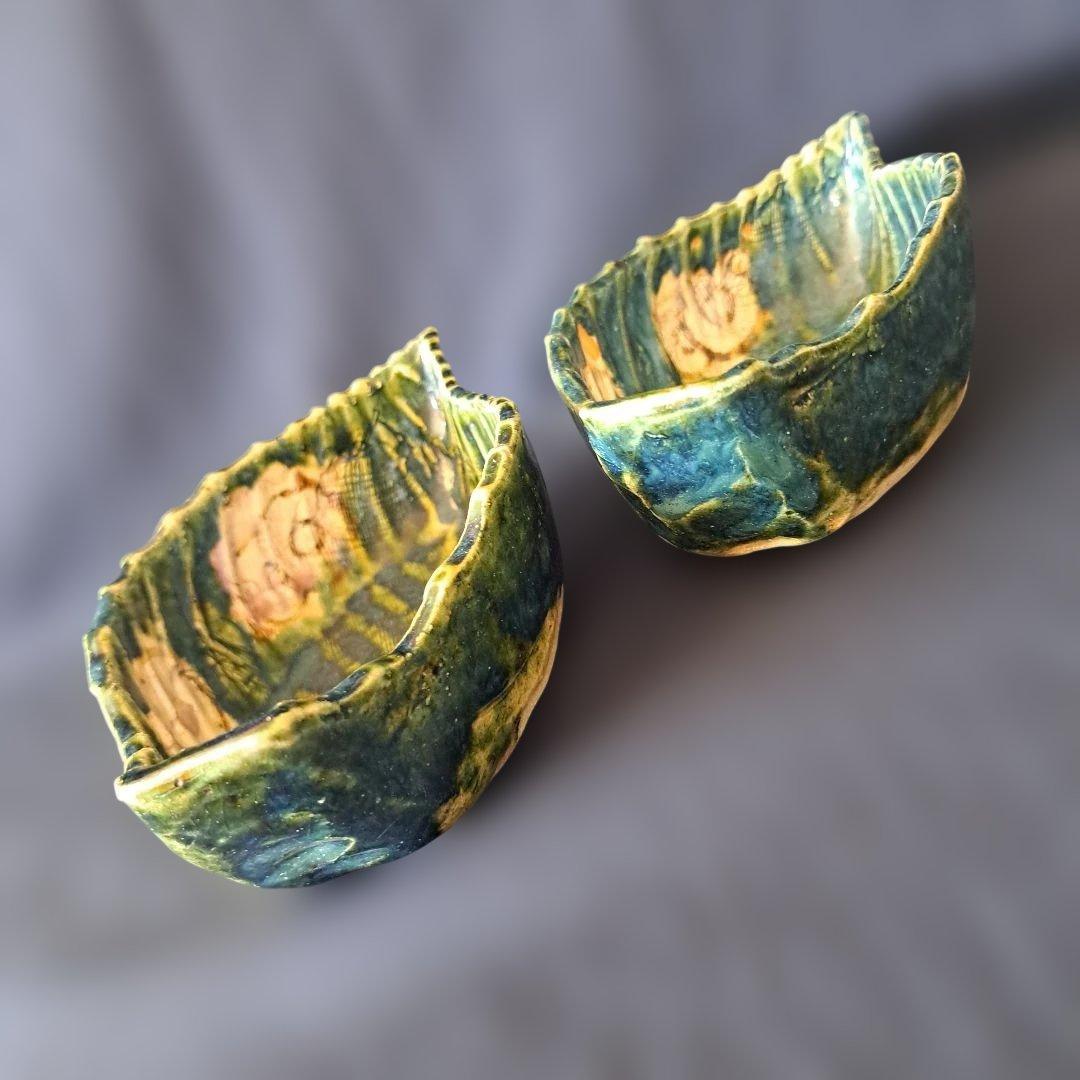 「料理が映えるグリーン」 織部(おりべ)焼き小鉢(幅16cm) 4客セット 骨董