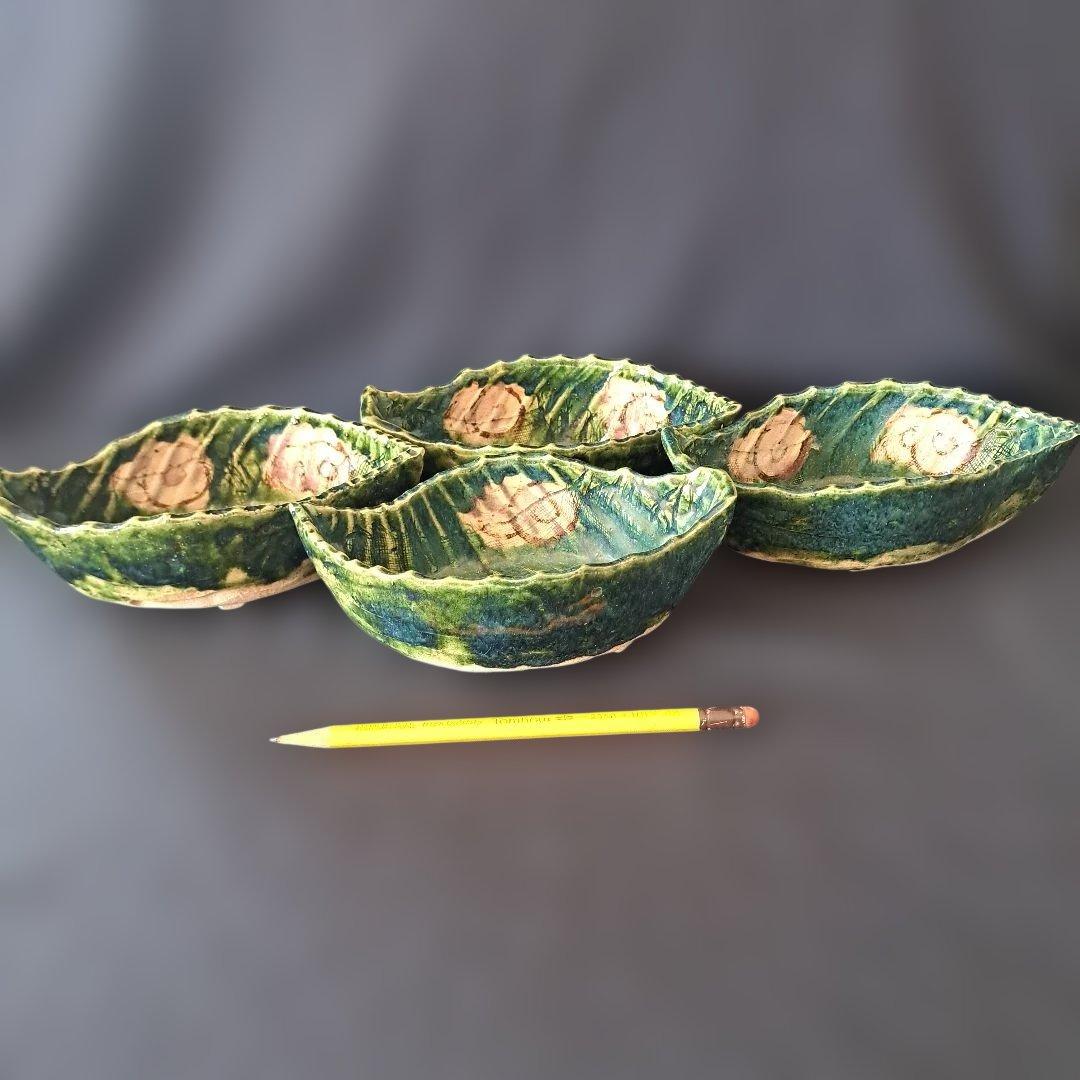 「料理が映えるグリーン」 織部(おりべ)焼き小鉢(幅16cm) 4客セット 骨董