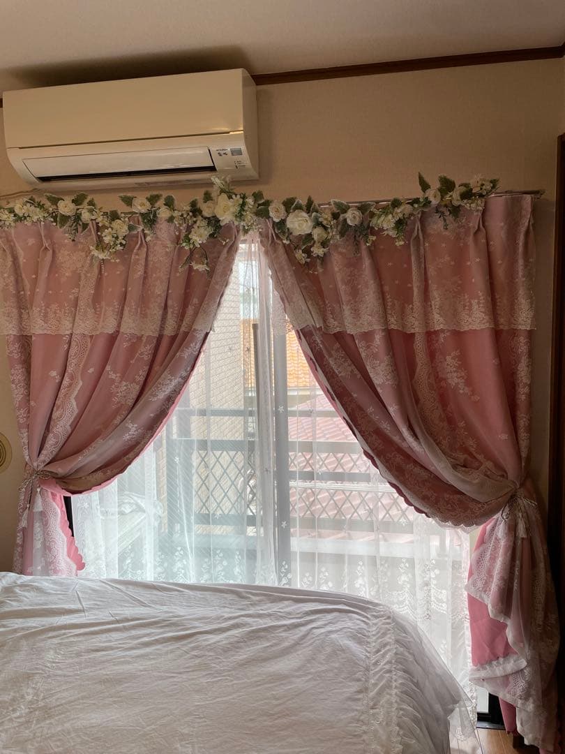 オーダーメイド おしゃれ 姫系 レースカーテン一体型 遮光1級カーテン ピンク