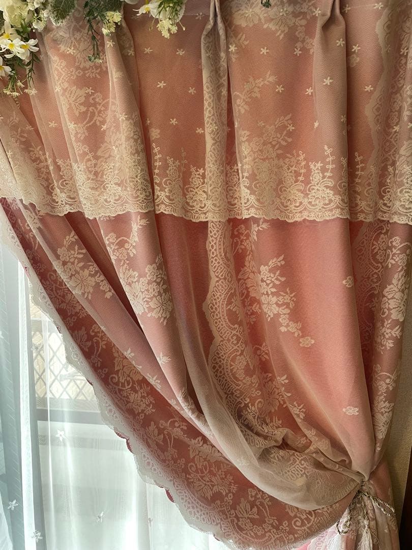 オーダーメイド おしゃれ 姫系 レースカーテン一体型 遮光1級カーテン ピンク
