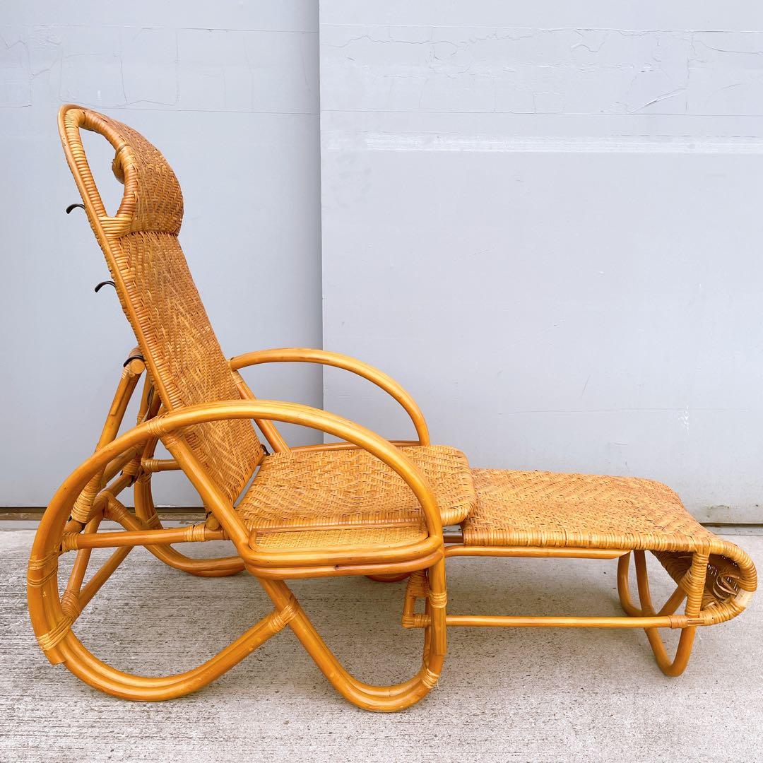 【送料無料】 ラタン リクライニングチェア テーブル マガジンラック オットマン