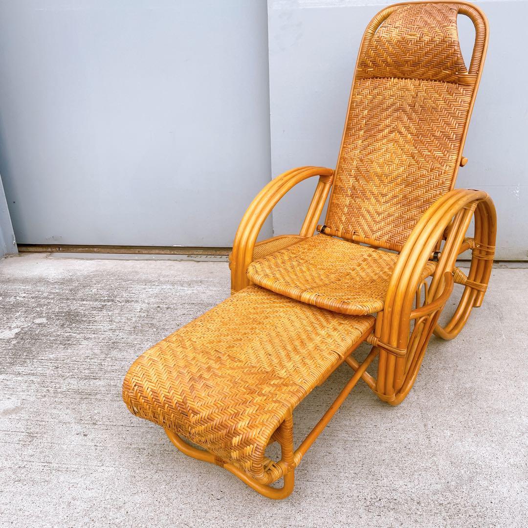 【送料無料】 ラタン リクライニングチェア テーブル マガジンラック オットマン