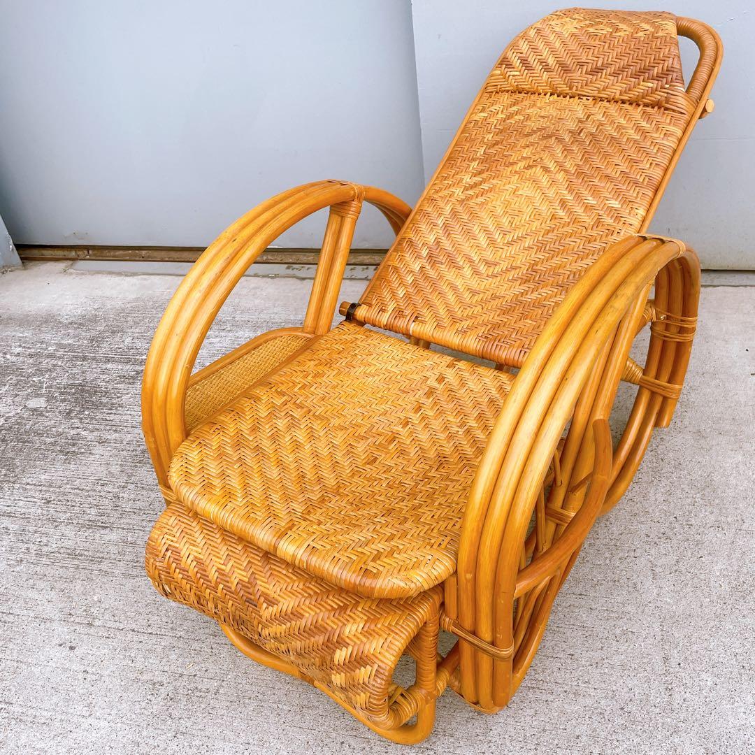 【送料無料】 ラタン リクライニングチェア テーブル マガジンラック オットマン