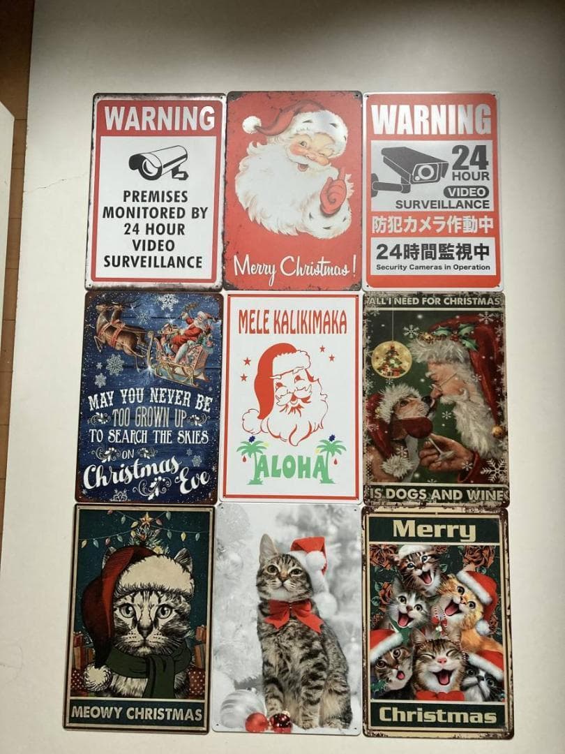 ブリキ看板 クリスマス 9枚 セット サンタ 猫 プレゼント 装飾 PC0107