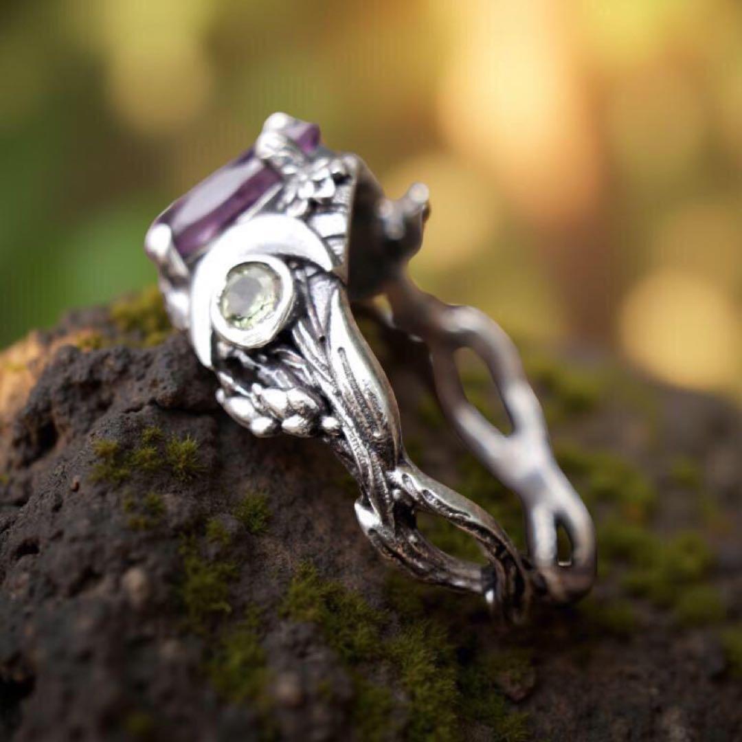 天然石リング、シルバー925、指輪、月と自然のモチーフ、ユニークデザイン