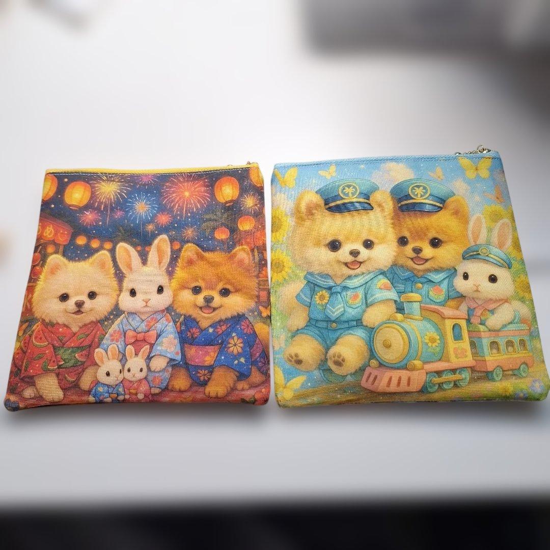 激レアポメラニアンパネル生地　ハンドメイド　フラットポーチ