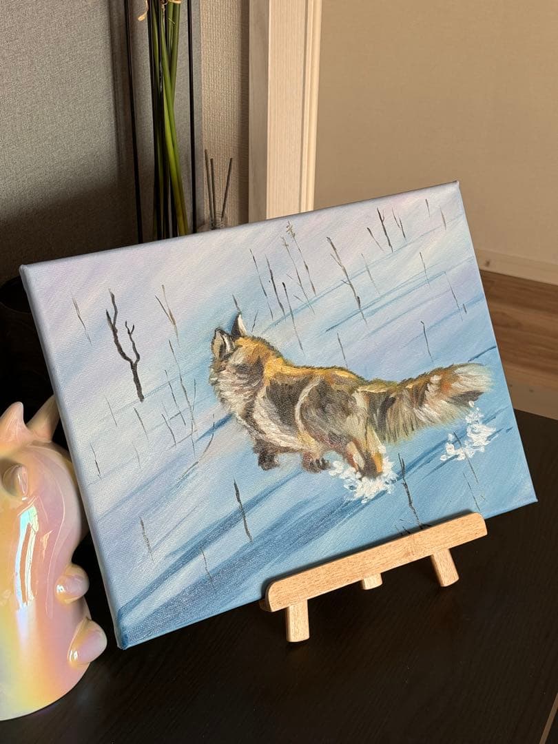 「雪原の狐」　手描き　油絵　風景画　原画　油彩画