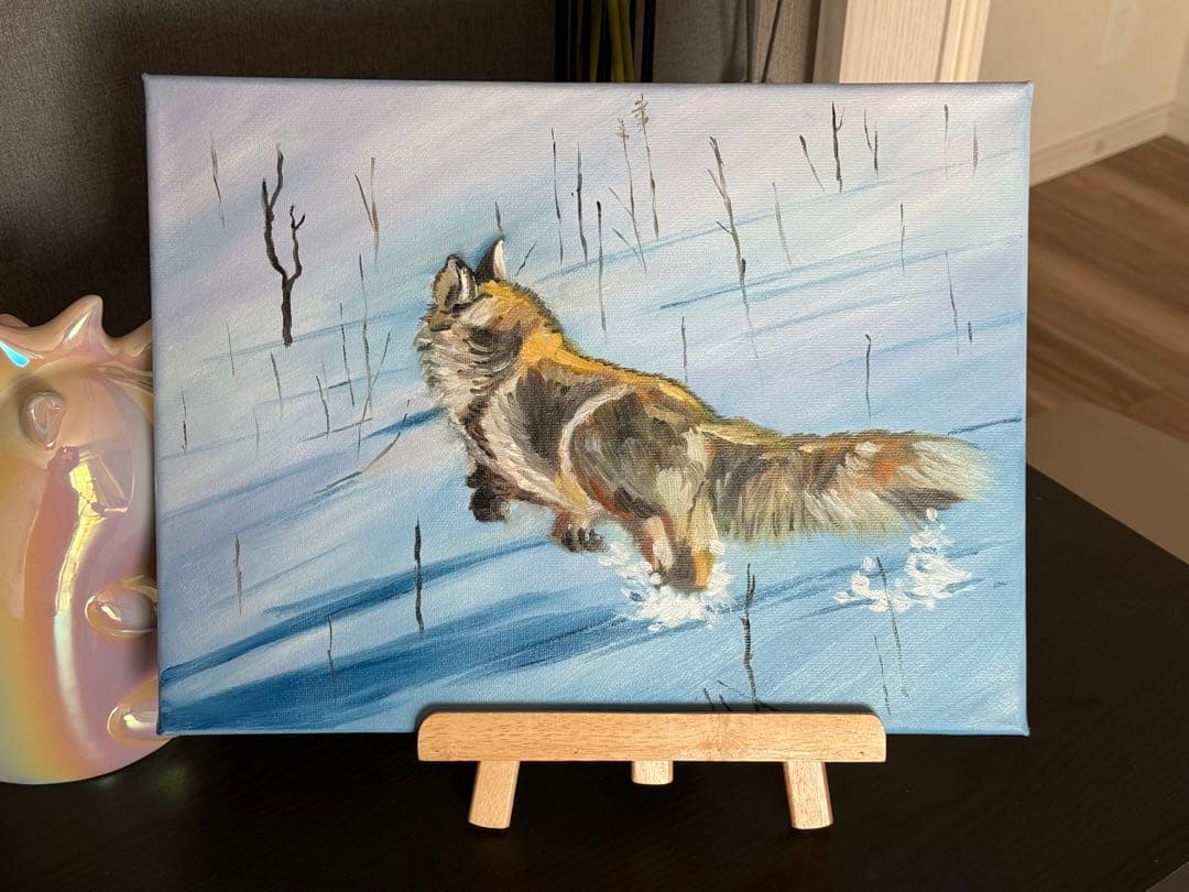 「雪原の狐」　手描き　油絵　風景画　原画　油彩画