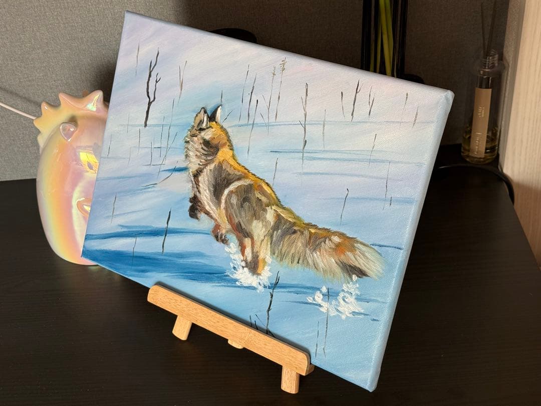 「雪原の狐」　手描き　油絵　風景画　原画　油彩画