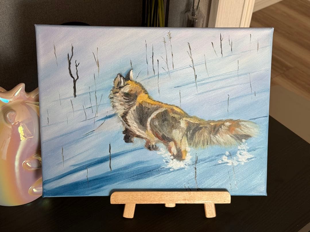 「雪原の狐」　手描き　油絵　風景画　原画　油彩画