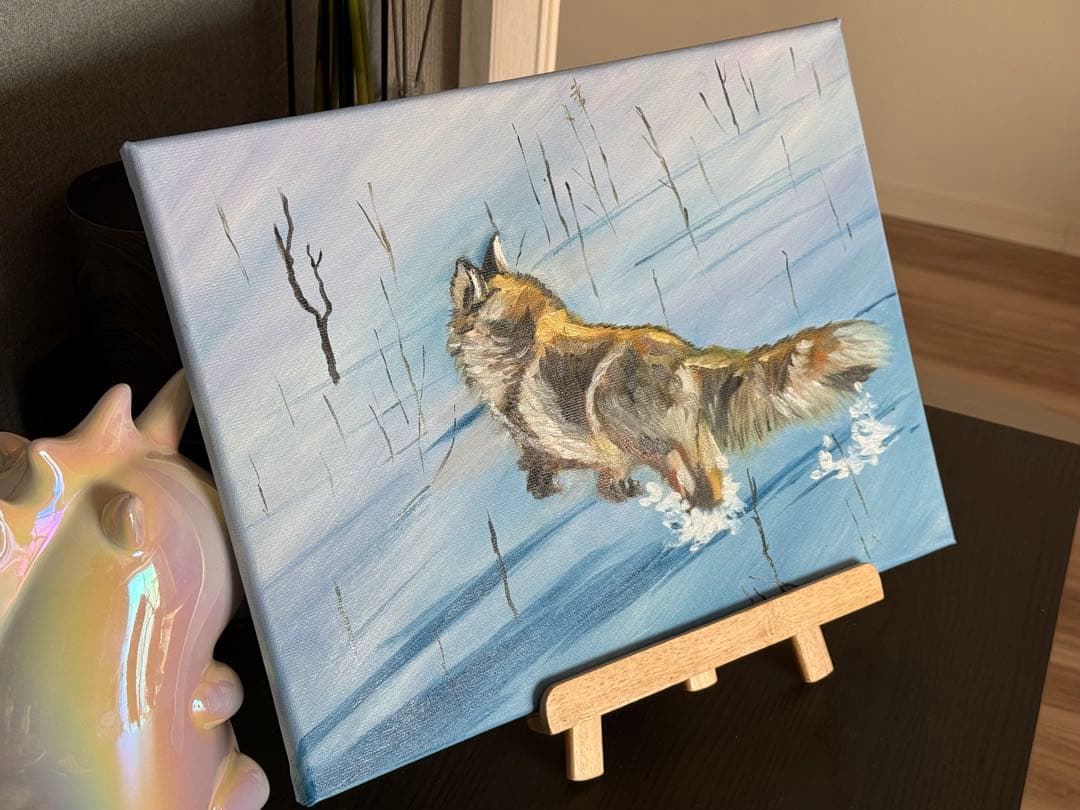 「雪原の狐」　手描き　油絵　風景画　原画　油彩画