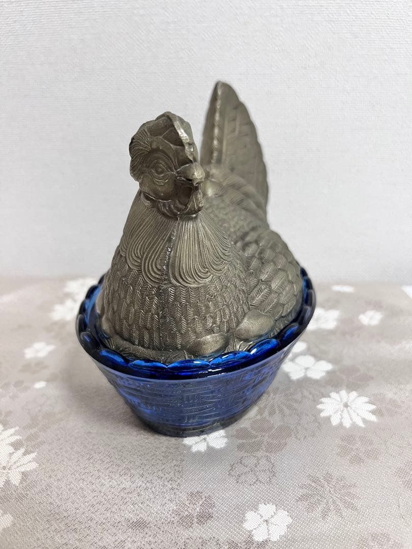 ヴィンテージ アンティーク ニワトリ 真鍮 ガラス 小物入れ