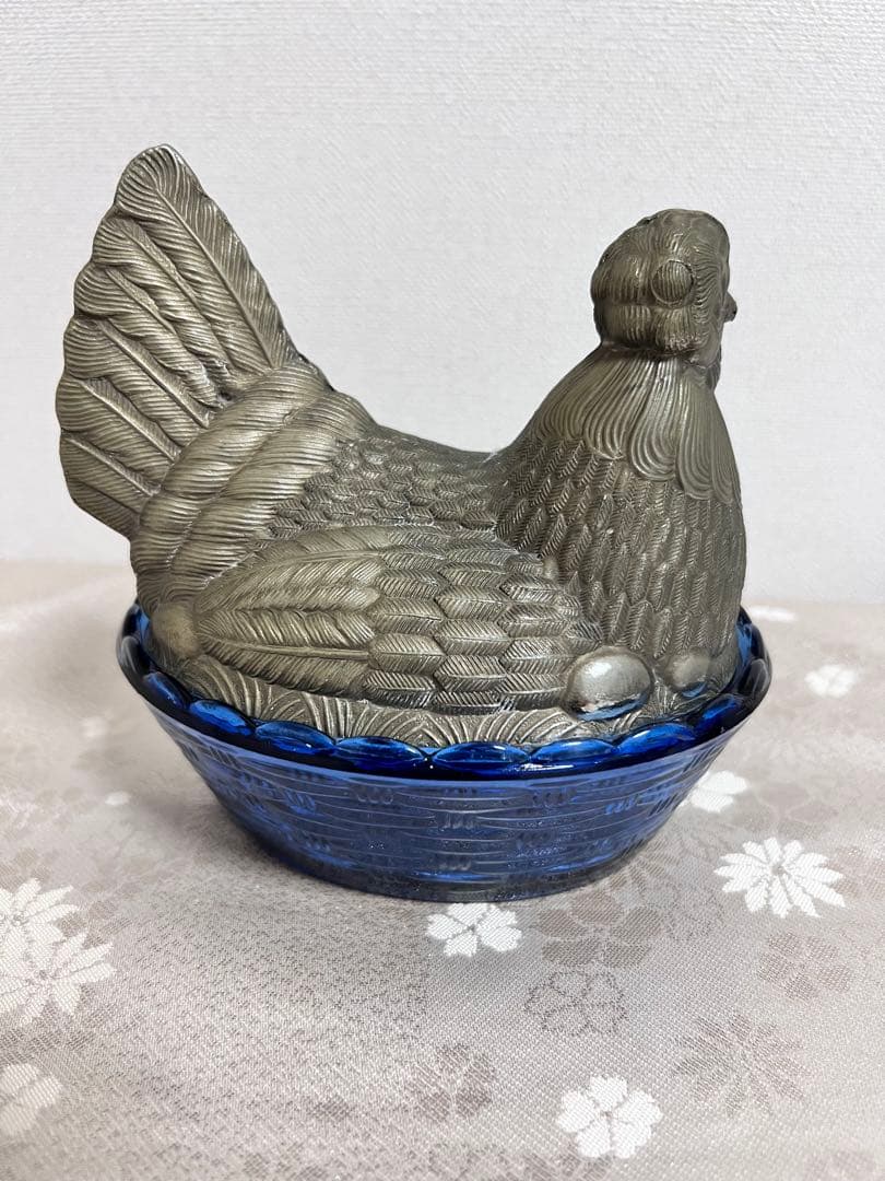 ヴィンテージ アンティーク ニワトリ 真鍮 ガラス 小物入れ