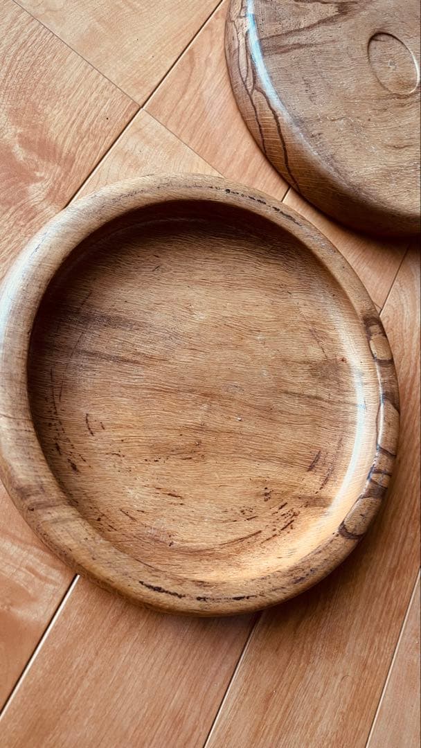 時代　白木　楠　杢目木地丸盆　（大正-戦前頃）二枚セット