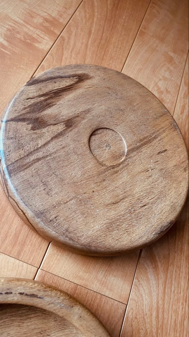 時代　白木　楠　杢目木地丸盆　（大正-戦前頃）二枚セット