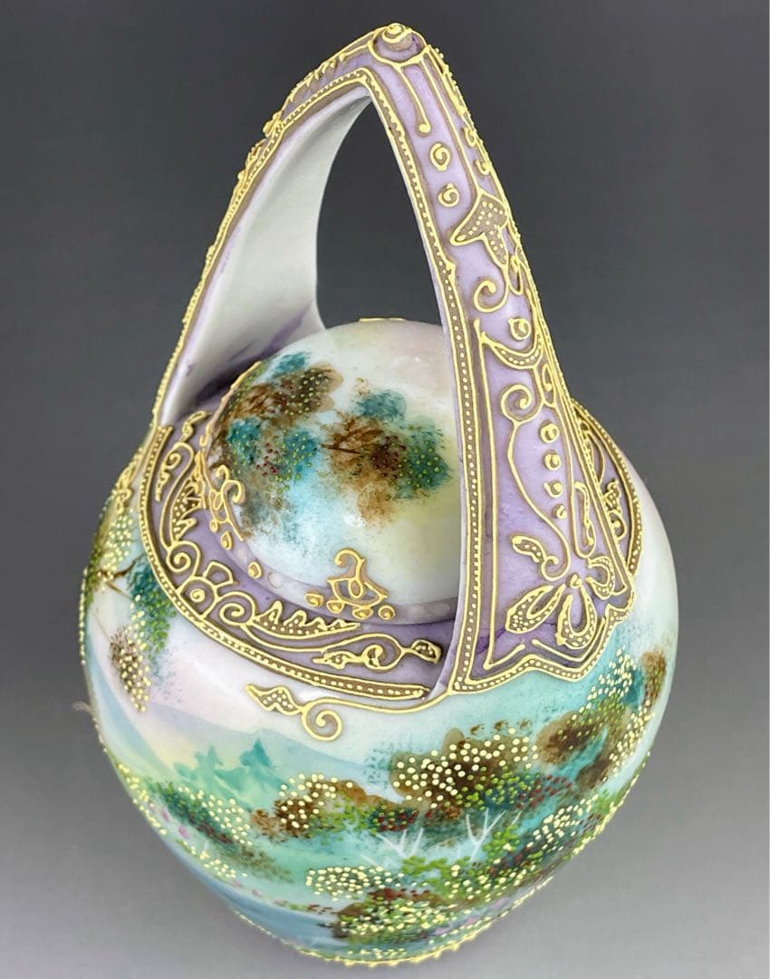 【希少】オールドニッポン 一陳盛り上げ 風景紋 バスケット 花籠 花瓶