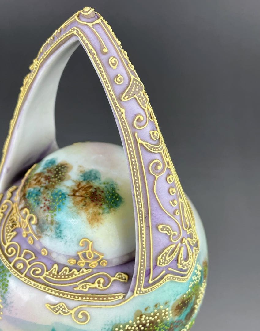 【希少】オールドニッポン 一陳盛り上げ 風景紋 バスケット 花籠 花瓶