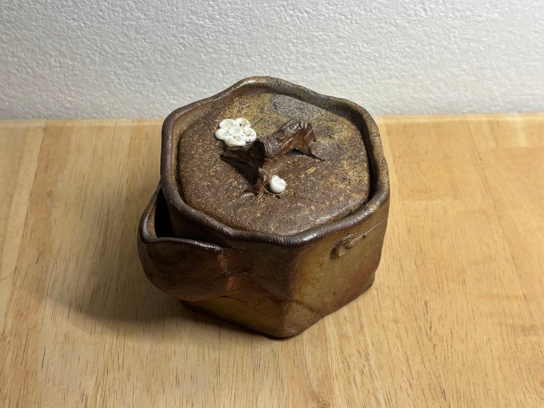 112. 備前焼 宝瓶 登り窯 白梅 6角 手びねり 急須