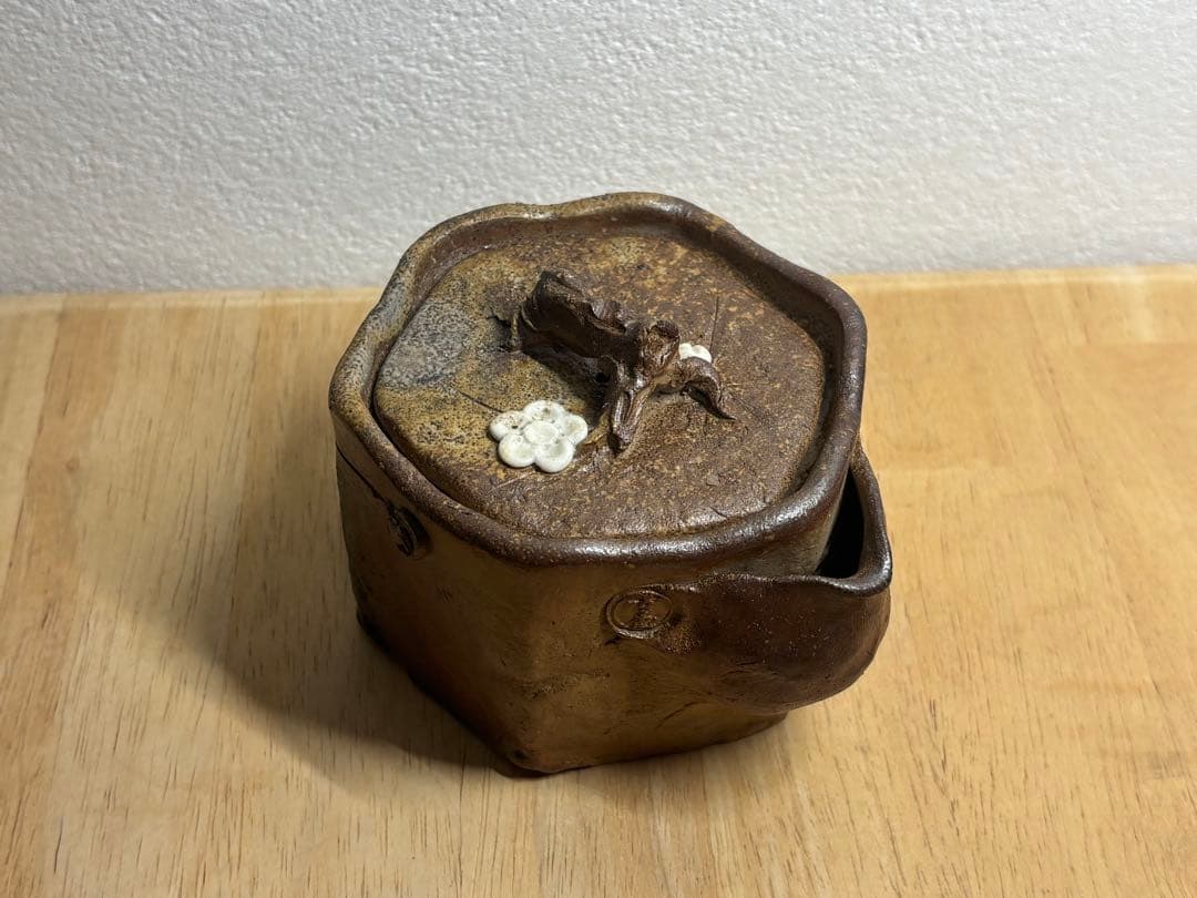 112. 備前焼 宝瓶 登り窯 白梅 6角 手びねり 急須