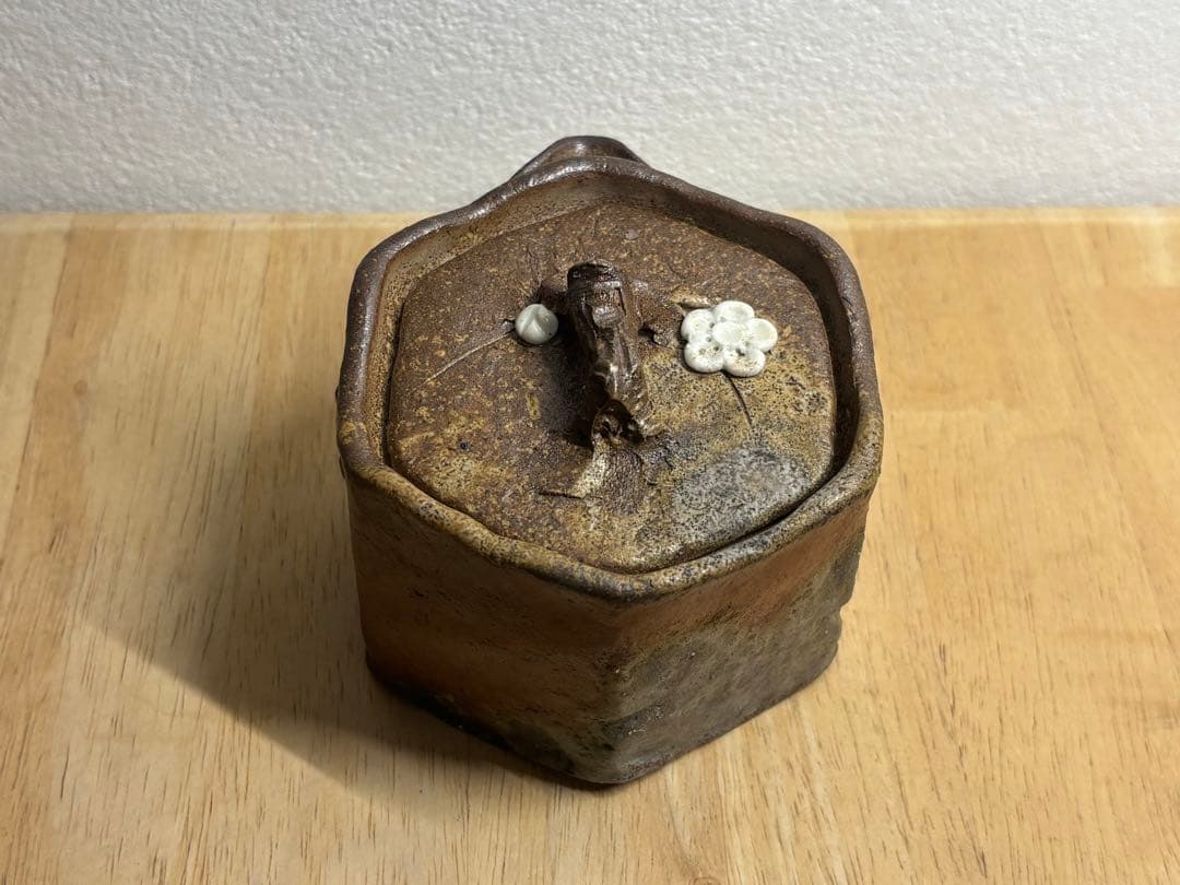 112. 備前焼 宝瓶 登り窯 白梅 6角 手びねり 急須