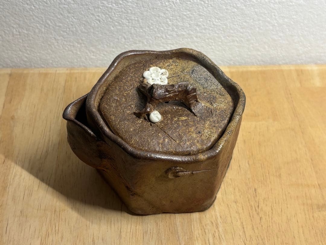 112. 備前焼 宝瓶 登り窯 白梅 6角 手びねり 急須