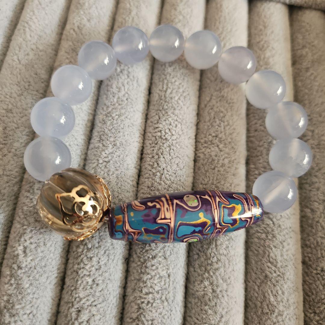 漆　天珠　銅線　カルセドニー　スモーキー　ブレスレット
