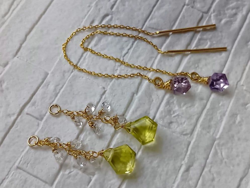 647　レモンクォーツペンタゴン・Pアメジストヘキサゴン2wayアメリカンピアス