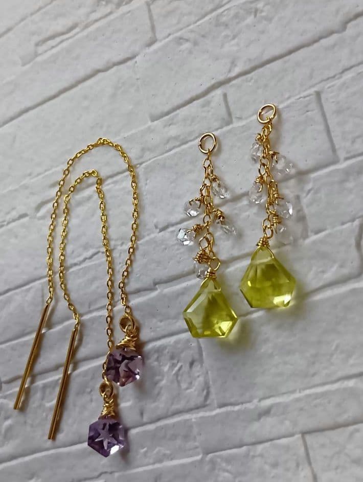 647　レモンクォーツペンタゴン・Pアメジストヘキサゴン2wayアメリカンピアス