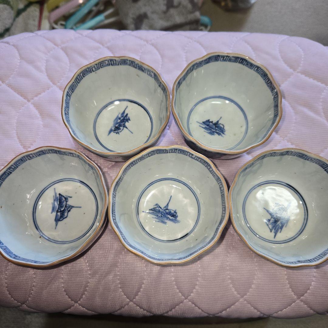 向付5客 山水 色付き金 染付