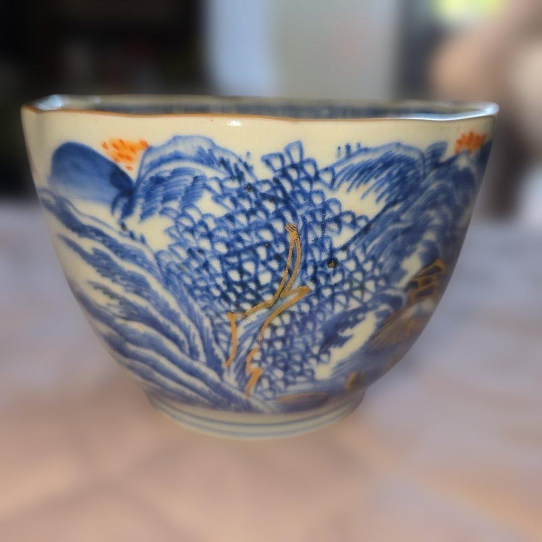 向付5客 山水 色付き金 染付