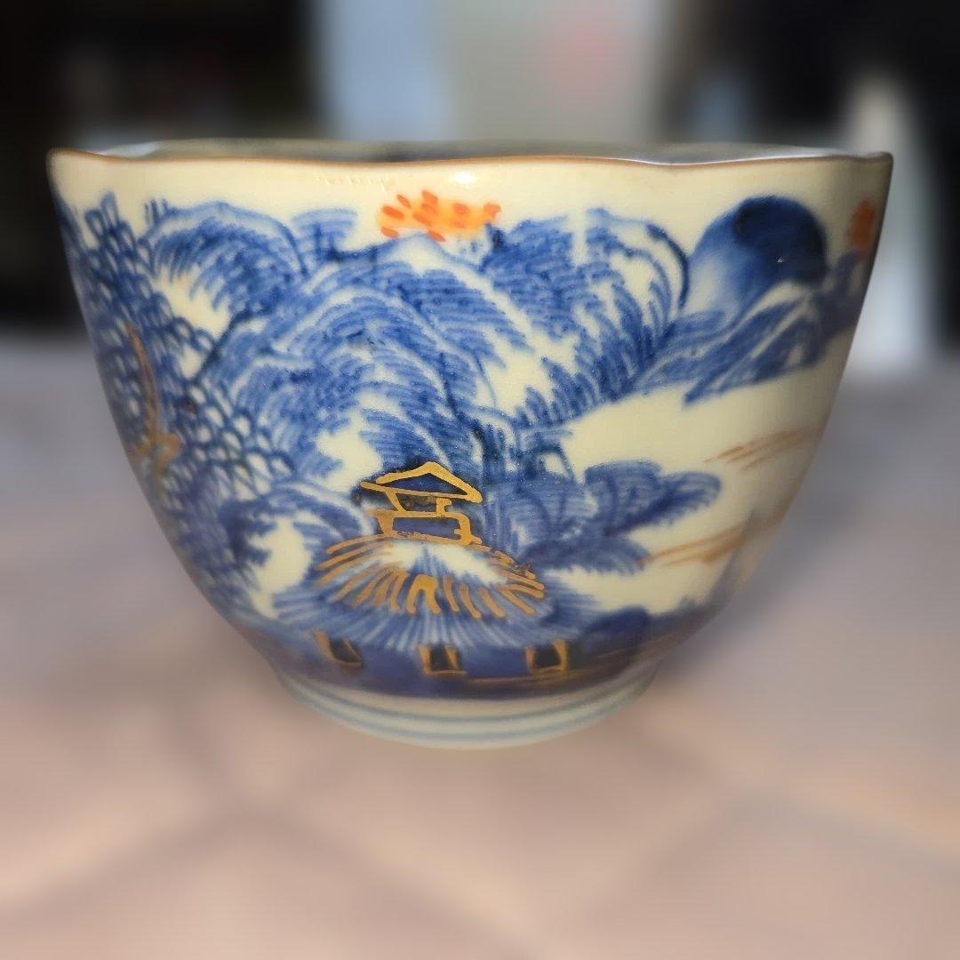 向付5客 山水 色付き金 染付