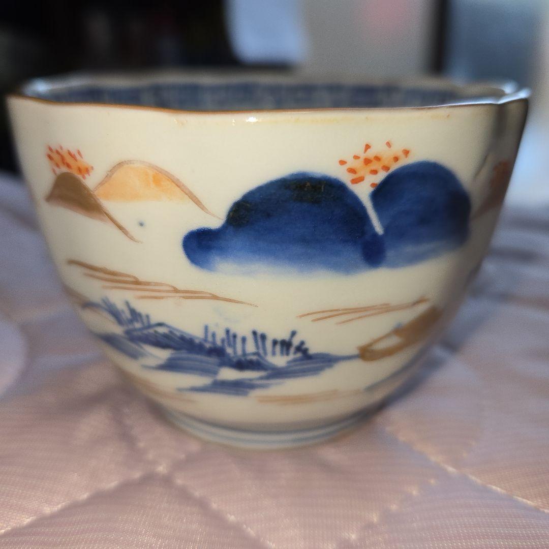 向付5客 山水 色付き金 染付